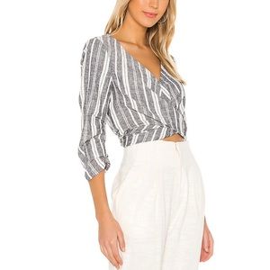 Navy and white linen blend 3/4 sleeve blouse